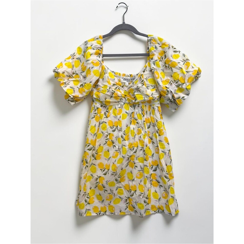 Trixxi Los Angeles Lemon Print Puff Sleeve Babydoll Mini Dress Size Large